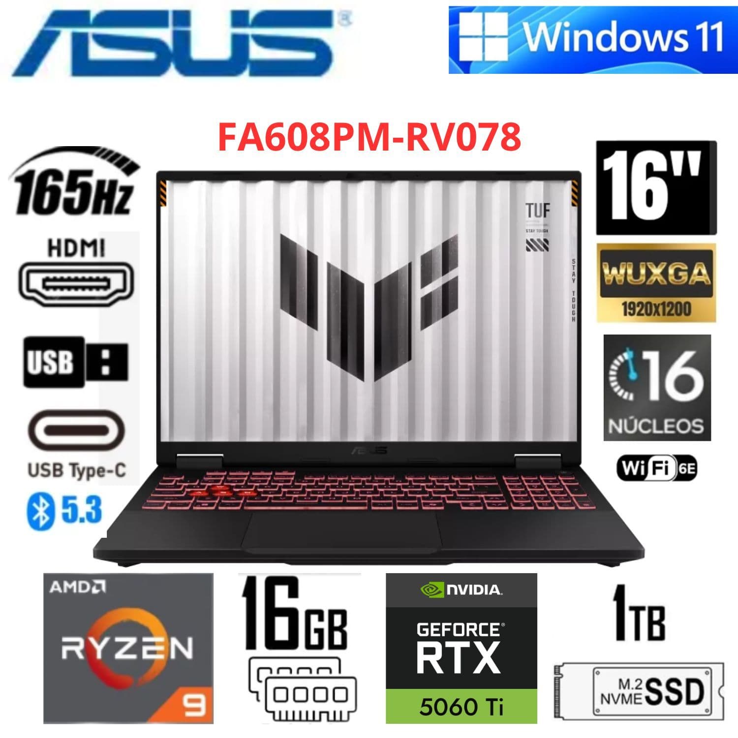 Laptop Gaming ASUS TUF Gaming A16 16" WUXGA Ryzen 9 8940HX 16GB RAM 1TB SSD RTX 5060 8GB